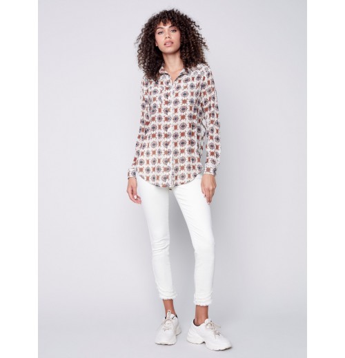 Printed Crinkle Georgette Blouse - Ecru Printed Crinkle Georgette Blouse - Ecru