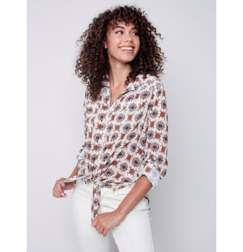 Printed Crinkle Georgette Blouse - Ecru Printed Crinkle Georgette Blouse - Ecru