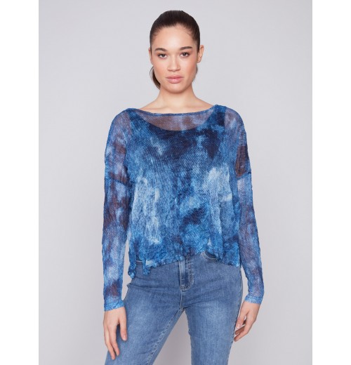 Printed Crinkle Mesh Top - Denim Printed Crinkle Mesh Top - Denim