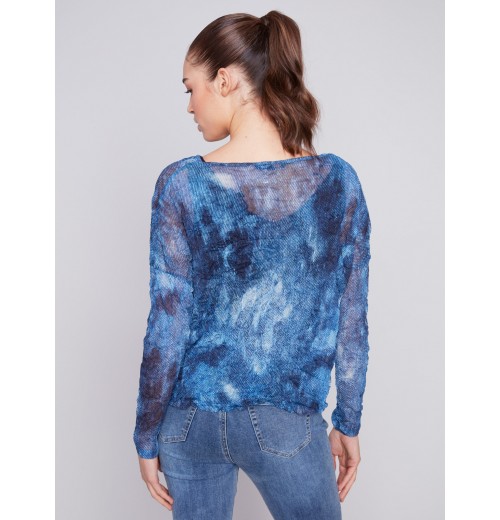 Printed Crinkle Mesh Top - Denim Printed Crinkle Mesh Top - Denim