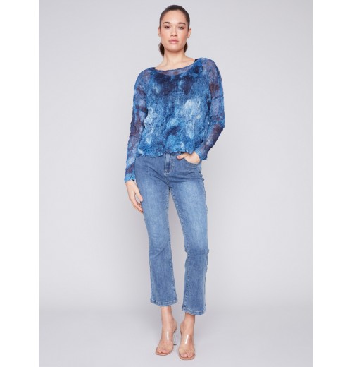 Printed Crinkle Mesh Top - Denim Printed Crinkle Mesh Top - Denim