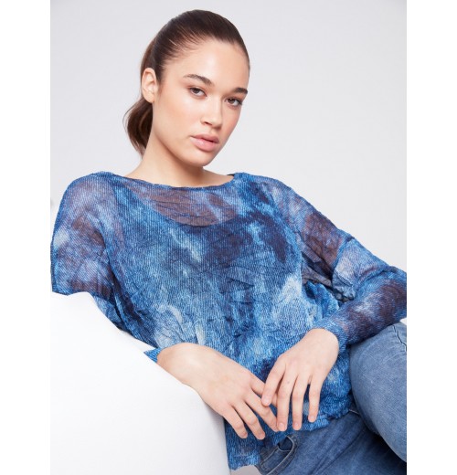 Printed Crinkle Mesh Top - Denim Printed Crinkle Mesh Top - Denim