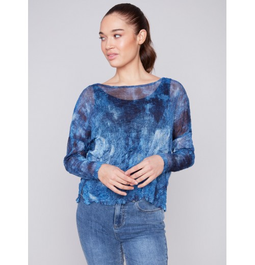 Printed Crinkle Mesh Top - Denim Printed Crinkle Mesh Top - Denim
