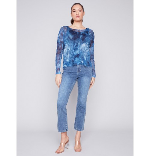 Printed Crinkle Mesh Top - Denim Printed Crinkle Mesh Top - Denim