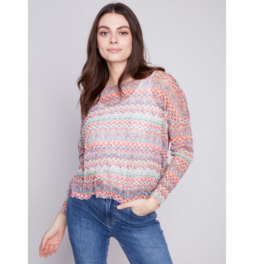 Printed Crinkle Mesh Top - Multicolor Printed Crinkle Mesh Top - Multicolor
