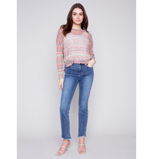 Printed Crinkle Mesh Top - Multicolor Printed Crinkle Mesh Top - Multicolor