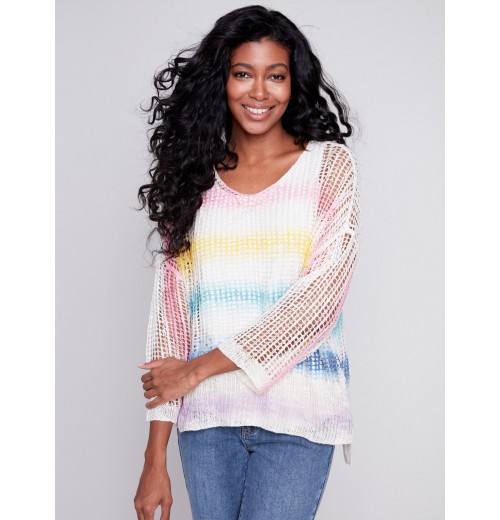 Printed Fishnet Crochet Sweater - Rainbow Printed Fishnet Crochet Sweater - Rainbow