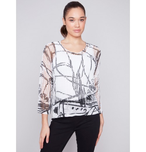 Printed Fishnet Crochet Sweater - Pepper Printed Fishnet Crochet Sweater - Pepper