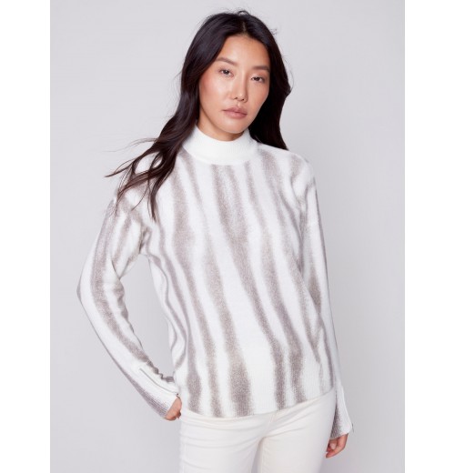Printed Mock Neck Sweater with Zipper Detail - Ecru Printed Mock Neck Sweater with Zipper Detail - Ecru