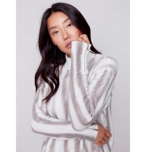 Printed Mock Neck Sweater with Zipper Detail - Ecru Printed Mock Neck Sweater with Zipper Detail - Ecru