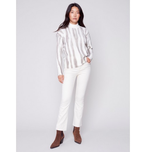 Printed Mock Neck Sweater with Zipper Detail - Ecru Printed Mock Neck Sweater with Zipper Detail - Ecru
