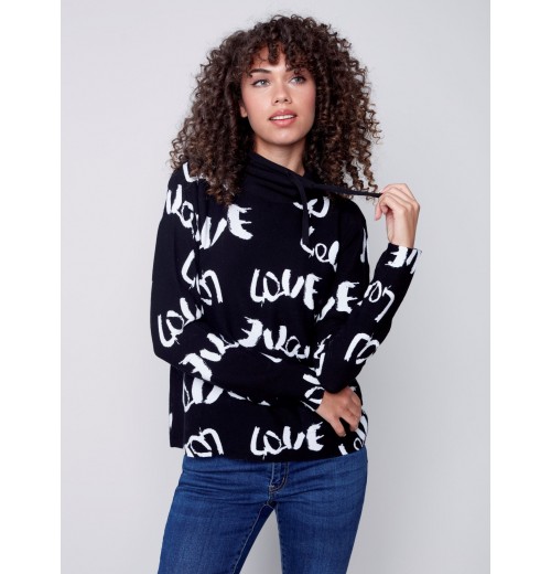 Printed Ottoman Cotton Funnel Neck Sweater - Black & White Printed Ottoman Cotton Funnel Neck Sweater - Black & White
