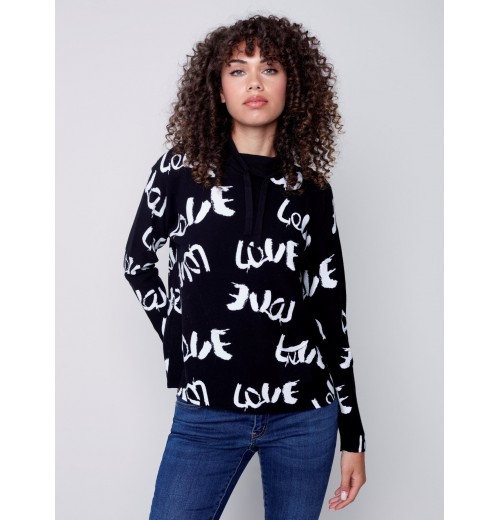 Printed Ottoman Cotton Funnel Neck Sweater - Black & White Printed Ottoman Cotton Funnel Neck Sweater - Black & White
