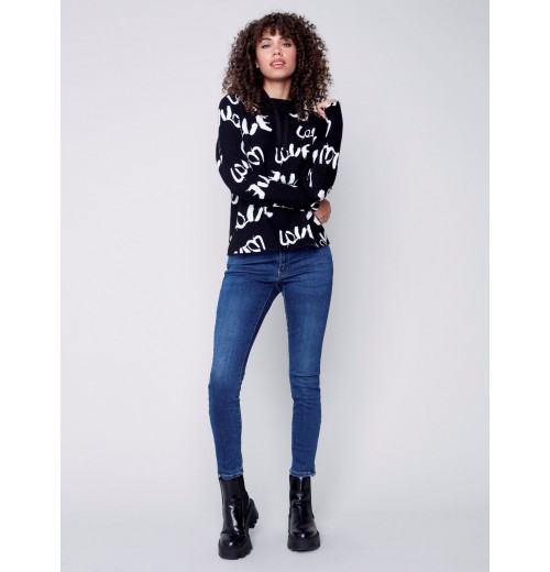 Printed Ottoman Cotton Funnel Neck Sweater - Black & White Printed Ottoman Cotton Funnel Neck Sweater - Black & White