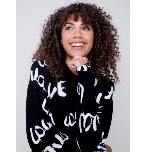 Printed Ottoman Cotton Funnel Neck Sweater - Black & White Printed Ottoman Cotton Funnel Neck Sweater - Black & White