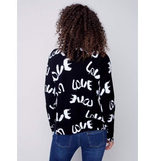 Printed Ottoman Cotton Funnel Neck Sweater - Black & White Printed Ottoman Cotton Funnel Neck Sweater - Black & White