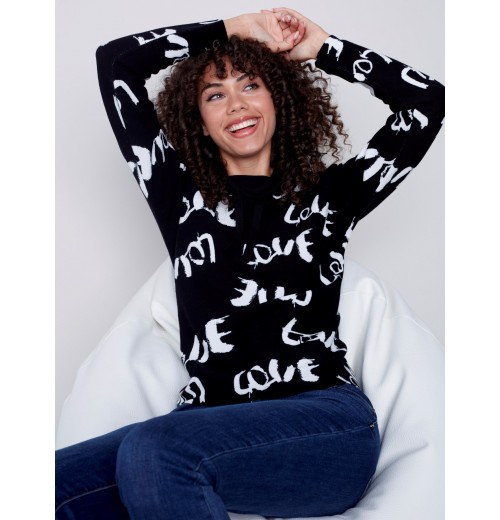 Printed Ottoman Cotton Funnel Neck Sweater - Black & White Printed Ottoman Cotton Funnel Neck Sweater - Black & White