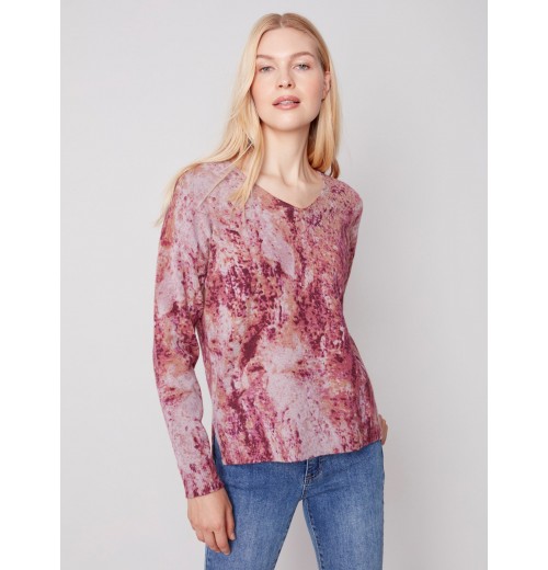 Printed Plush Knit V-Neck Sweater - Cinnamon Printed Plush Knit V-Neck Sweater - Cinnamon