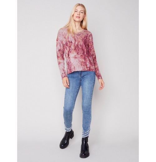 Printed Plush Knit V-Neck Sweater - Cinnamon Printed Plush Knit V-Neck Sweater - Cinnamon