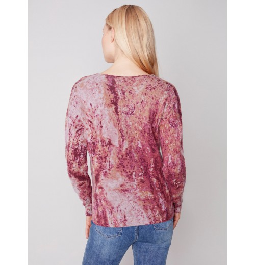 Printed Plush Knit V-Neck Sweater - Cinnamon Printed Plush Knit V-Neck Sweater - Cinnamon
