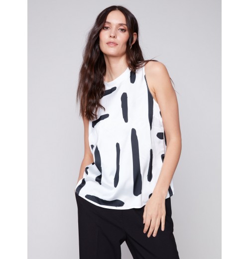 Printed Sleeveless Satin Top - Paint Brush Printed Sleeveless Satin Top - Paint Brush