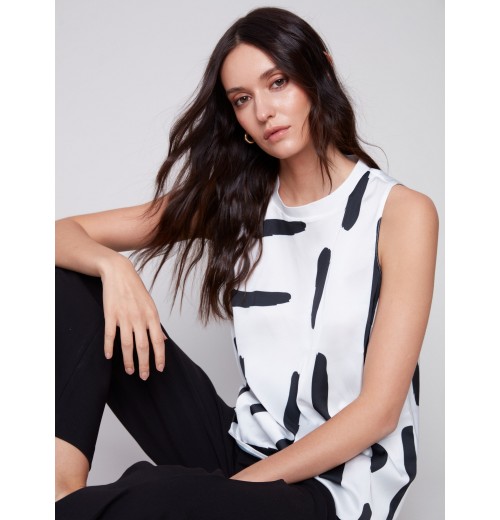 Printed Sleeveless Satin Top - Paint Brush Printed Sleeveless Satin Top - Paint Brush