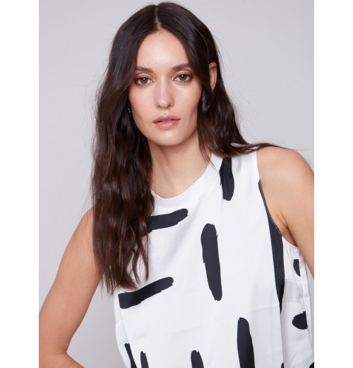 Printed Sleeveless Satin Top - Paint Brush Printed Sleeveless Satin Top - Paint Brush