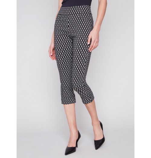 Printed Stretch Pull-On Capri Pants - White Tiles Printed Stretch Pull-On Capri Pants - White Tiles