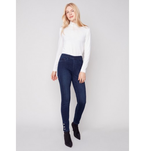 Pull-On Jeans with Snap Button Hem - Blue Black Pull-On Jeans with Snap Button Hem - Blue Black