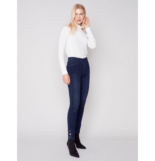 Pull-On Jeans with Snap Button Hem - Blue Black Pull-On Jeans with Snap Button Hem - Blue Black