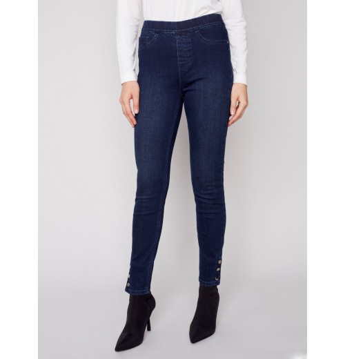 Pull-On Jeans with Snap Button Hem - Blue Black Pull-On Jeans with Snap Button Hem - Blue Black