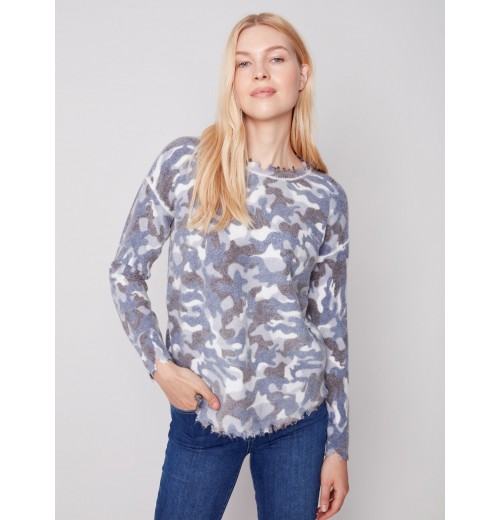 Reversible Printed Sweater with Frayed Edge - Denim Reversible Printed Sweater with Frayed Edge - Denim