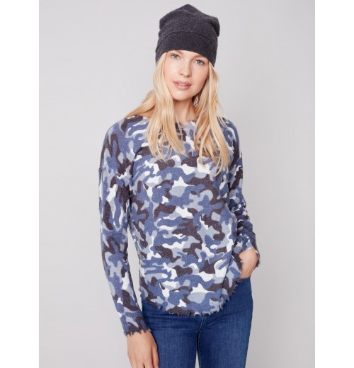 Reversible Printed Sweater with Frayed Edge - Denim Reversible Printed Sweater with Frayed Edge - Denim