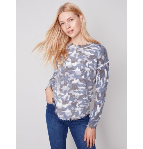 Reversible Printed Sweater with Frayed Edge - Denim Reversible Printed Sweater with Frayed Edge - Denim