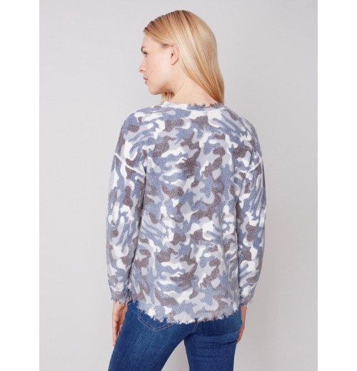 Reversible Printed Sweater with Frayed Edge - Denim Reversible Printed Sweater with Frayed Edge - Denim