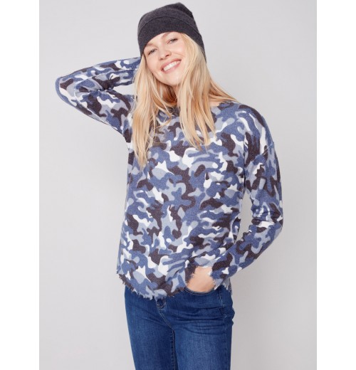 Reversible Printed Sweater with Frayed Edge - Denim Reversible Printed Sweater with Frayed Edge - Denim