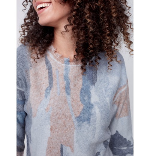 Reversible Printed Sweater with Frayed Edge - Truffle Reversible Printed Sweater with Frayed Edge - Truffle