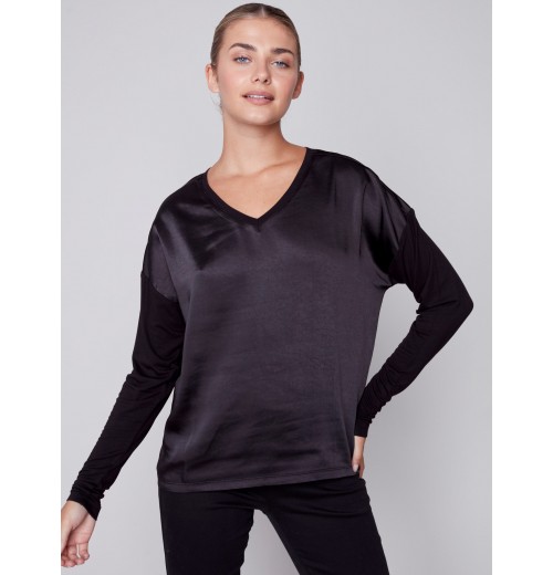 Satin and Jersey Knit Top - Black Satin and Jersey Knit Top - Black