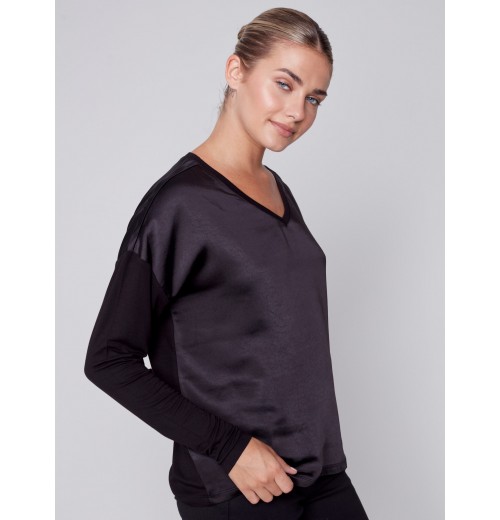 Satin and Jersey Knit Top - Black Satin and Jersey Knit Top - Black