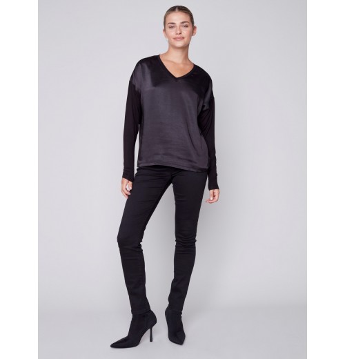 Satin and Jersey Knit Top - Black Satin and Jersey Knit Top - Black