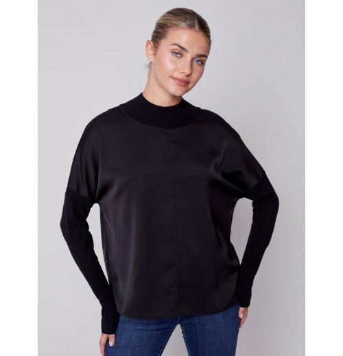 Satin Knit Top with Mock Neck - Black Satin Knit Top with Mock Neck - Black