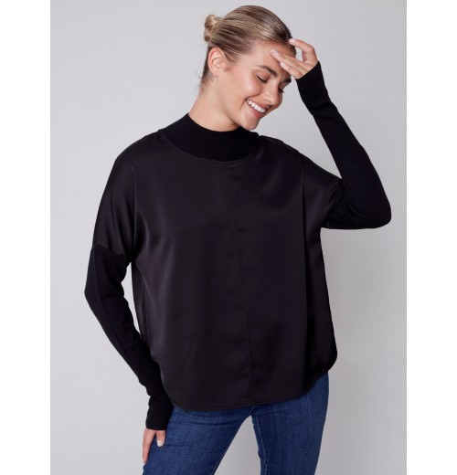 Satin Knit Top with Mock Neck - Black Satin Knit Top with Mock Neck - Black