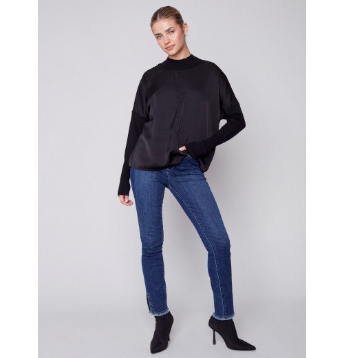 Satin Knit Top with Mock Neck - Black Satin Knit Top with Mock Neck - Black