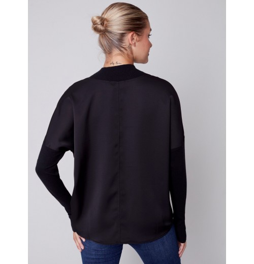 Satin Knit Top with Mock Neck - Black Satin Knit Top with Mock Neck - Black