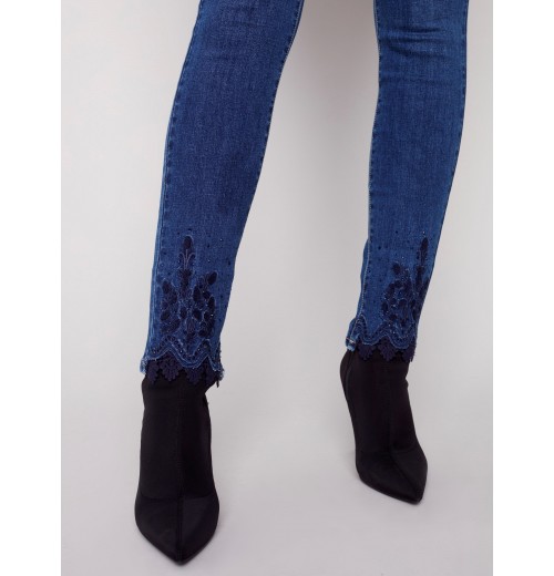 Skinny Jeans with Embroidered Scalloped Hem - Blue Jean Skinny Jeans with Embroidered Scalloped Hem - Blue Jean