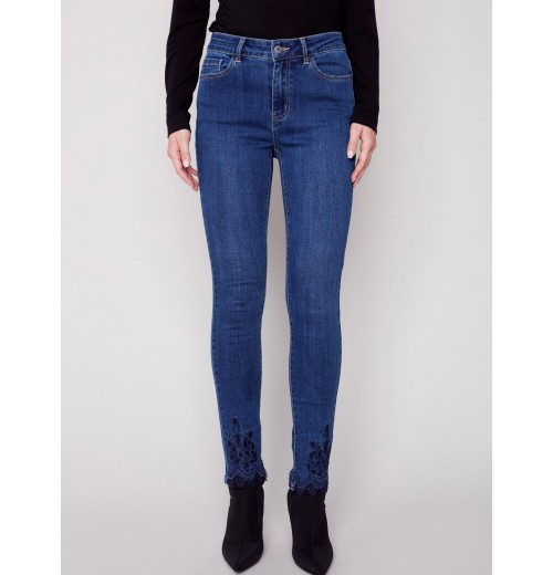 Skinny Jeans with Embroidered Scalloped Hem - Blue Jean Skinny Jeans with Embroidered Scalloped Hem - Blue Jean