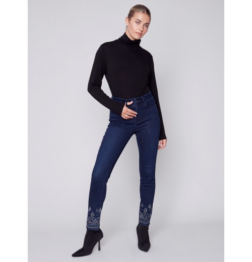 Slim Leg Jeans with Geometric Embroidery - Blue Black Slim Leg Jeans with Geometric Embroidery - Blue Black