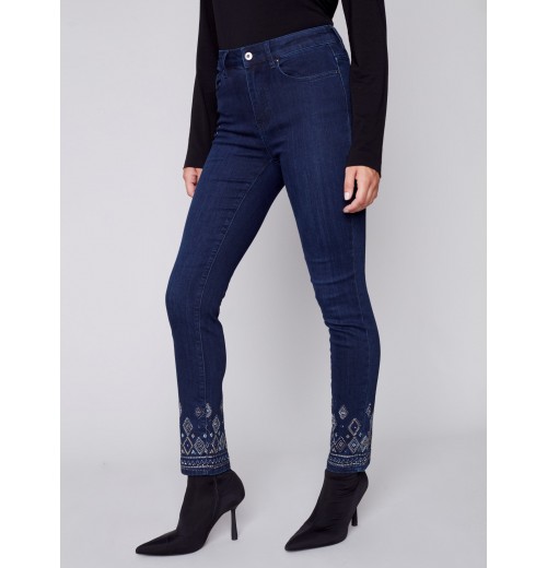 Slim Leg Jeans with Geometric Embroidery - Blue Black Slim Leg Jeans with Geometric Embroidery - Blue Black