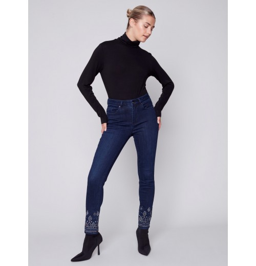 Slim Leg Jeans with Geometric Embroidery - Blue Black Slim Leg Jeans with Geometric Embroidery - Blue Black