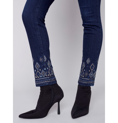 Slim Leg Jeans with Geometric Embroidery - Blue Black Slim Leg Jeans with Geometric Embroidery - Blue Black